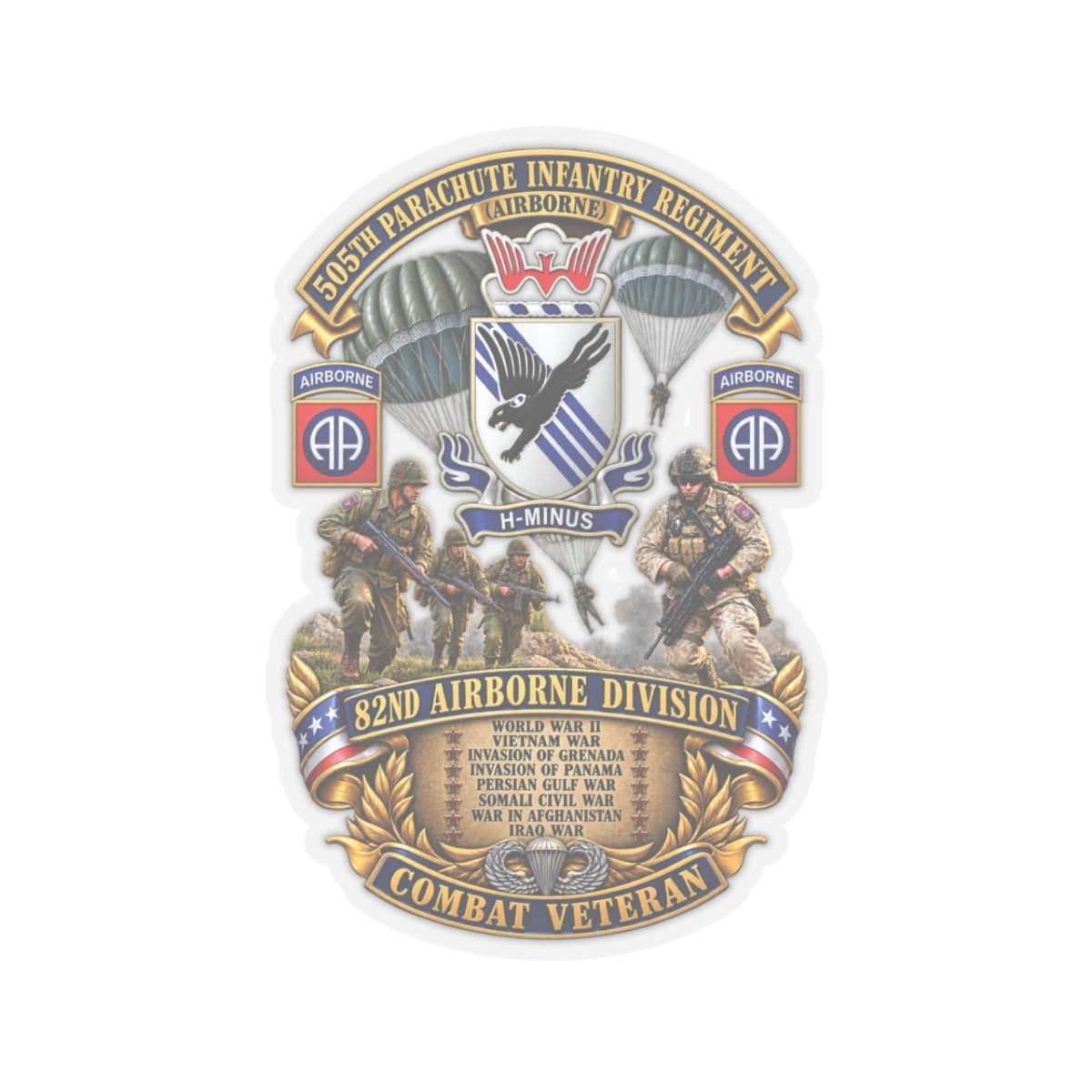Kiss-Cut Stickers - Army - Combat Vet w 505th PIR - 82nd Airborne  w Campaigns - Soldiers - SSI - 3D - Enhanced