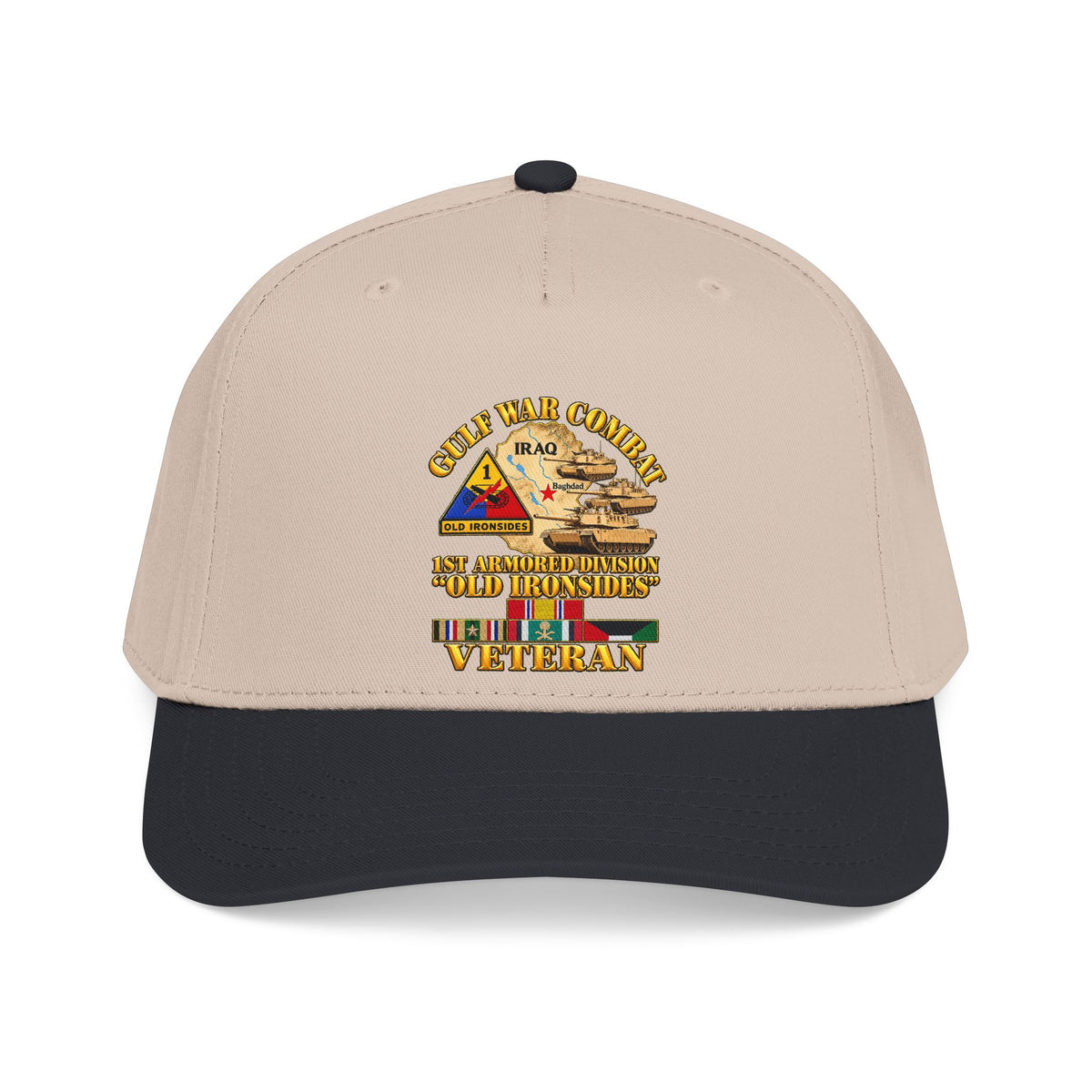 Mid Profile Baseball Cap - Army - Gulf War Combat - 1st Armored Divi - Old Ironsides - Veteran - Map w GULF SVC - 3D - Enhanced