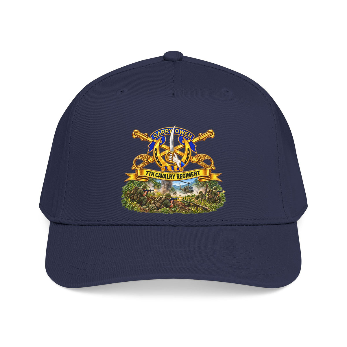 Mid Profile Baseball Cap — 7th Cavalry Regiment - DUI, Br, Ribbon w  Battle of Ia drang Valley Scene - Vietnam - 3D - Transparent