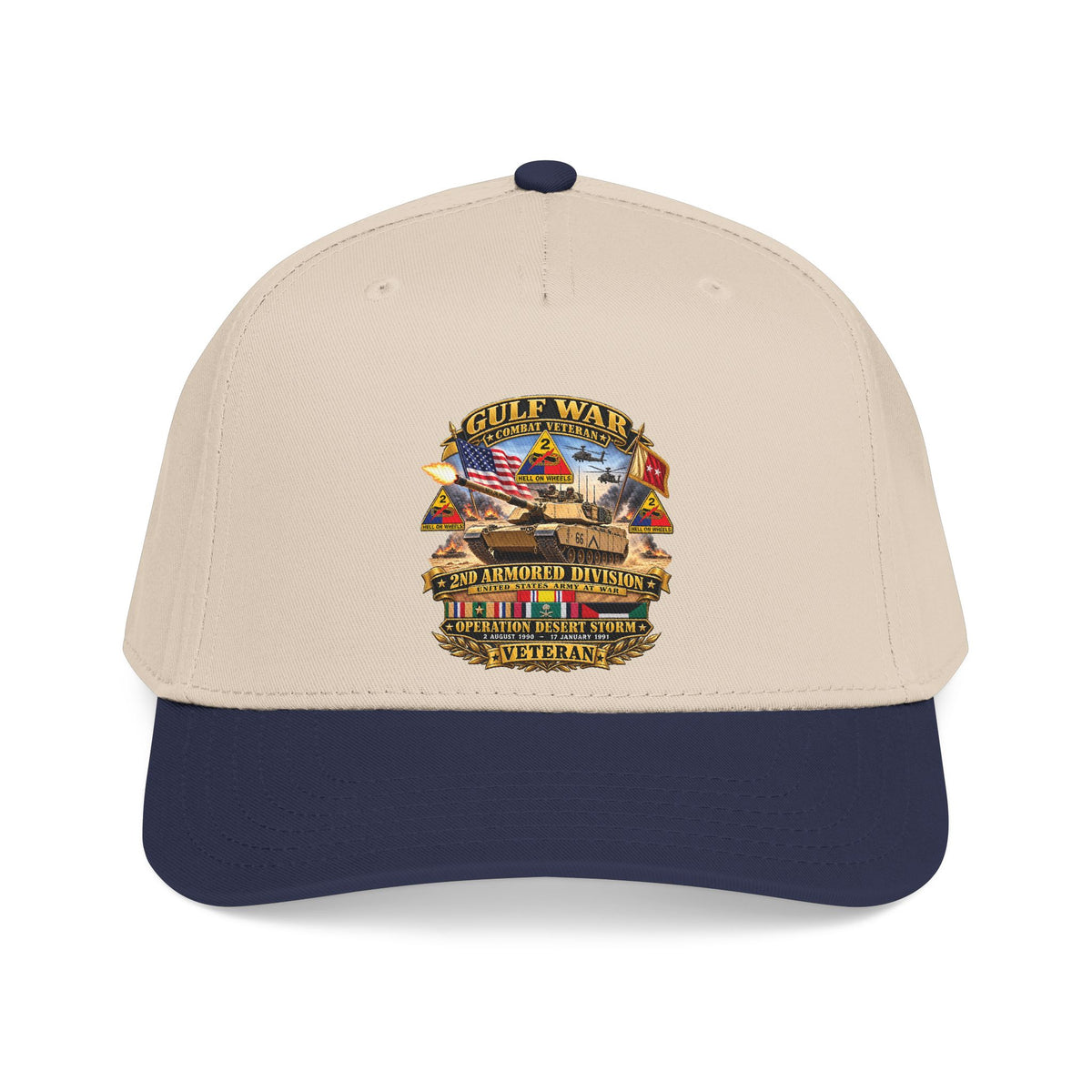 Mid Profile Baseball Cap - Army - Desert Storm - 2nd Armored Div - Combat Vereran Veteran w GULF SVC - 3D - Enhanced