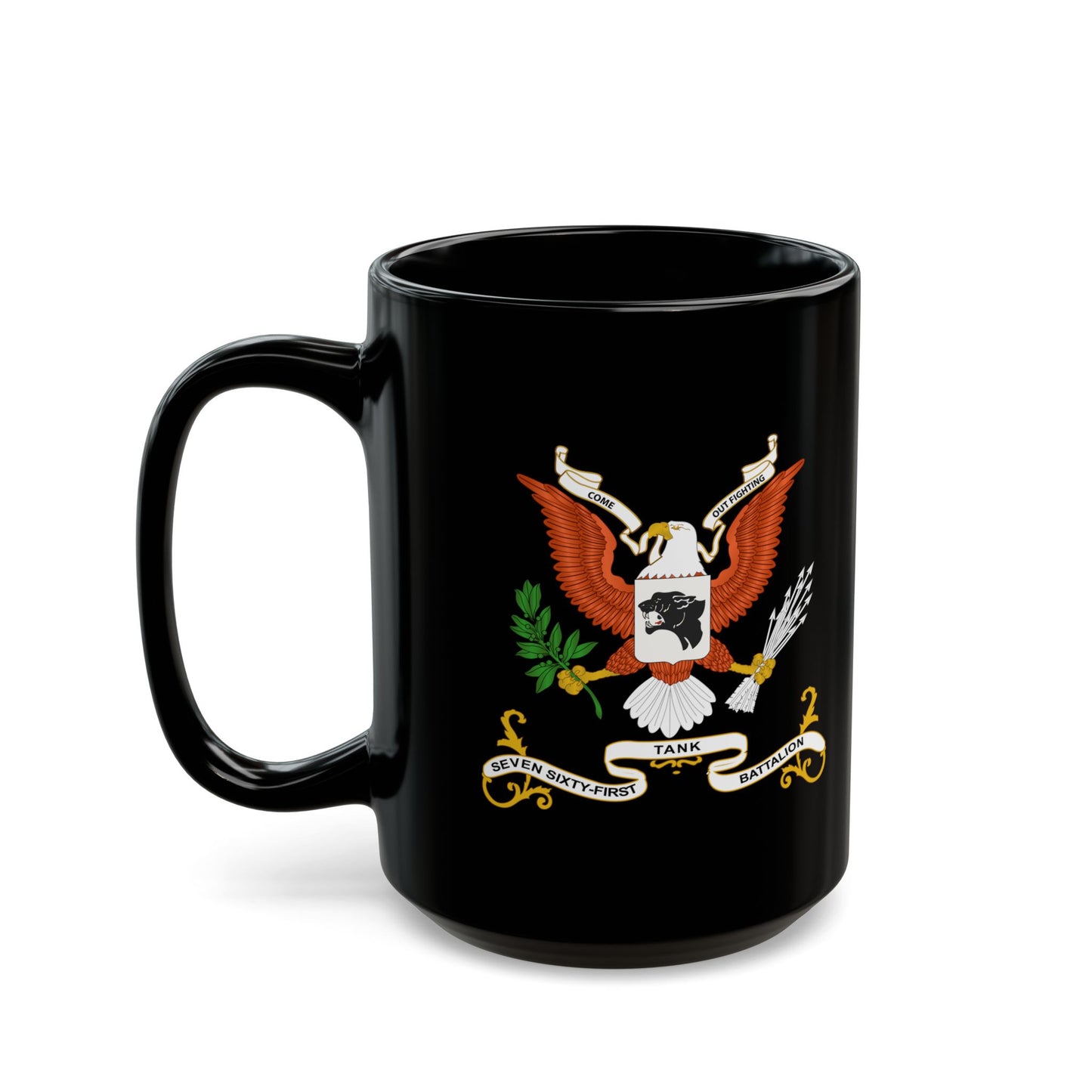 Black Mug 15oz - Army - Regimental Colors - 761st Tank Battalion - Come Out Fighting