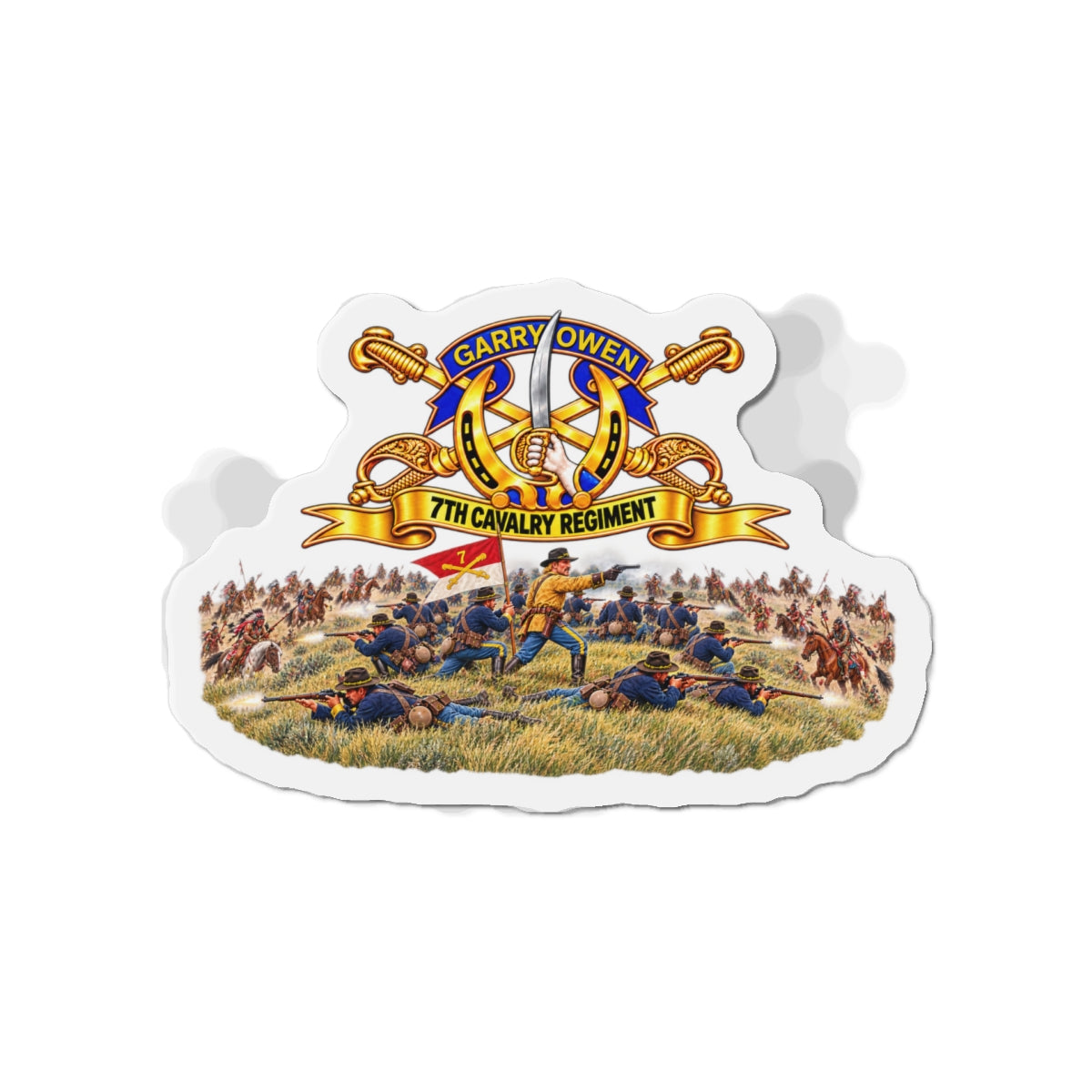 Die-Cut Magnets — 7th Cavalry Regiment - DUI, Br, Ribbon w  Battle of Little Big Horn Scene - 3D - Transparent