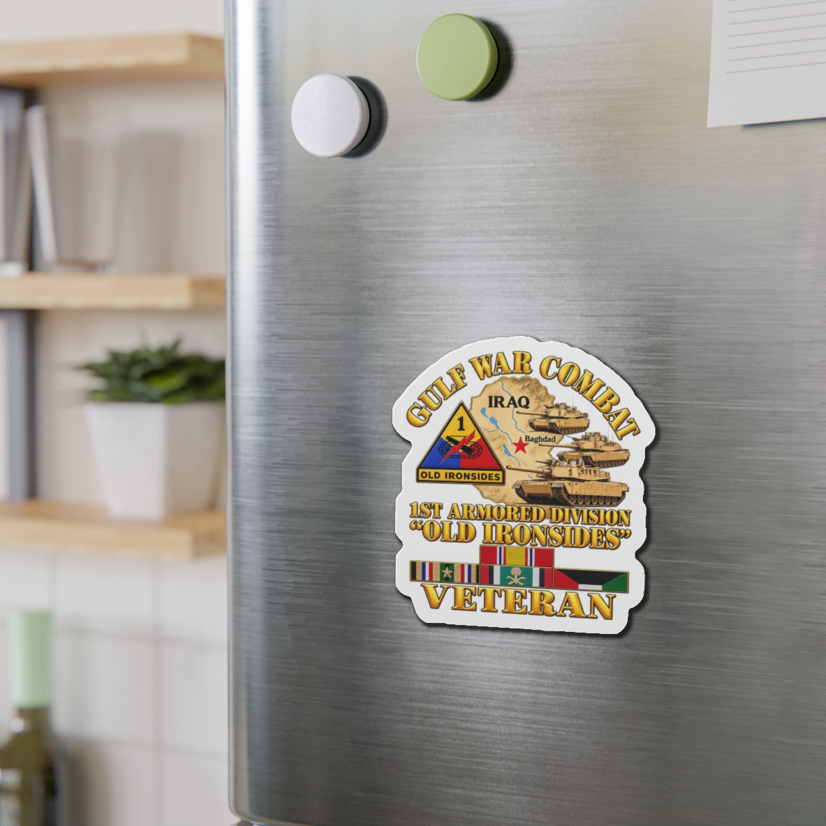 Die-Cut Magnets — Army - Gulf War Combat - 1st Armored Divi - Old Ironsides - Veteran - Map w GULF SVC - 3D - Enhanced