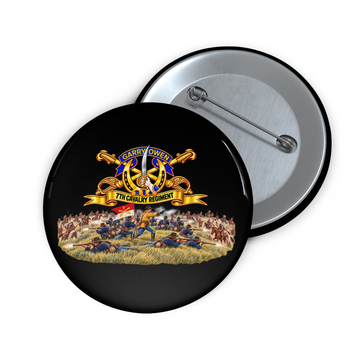 Custom Pin Buttons - 7th Cavalry Regiment - DUI, Br, Ribbon w  Battle of Little Big Horn Scene - 3D - Transparent