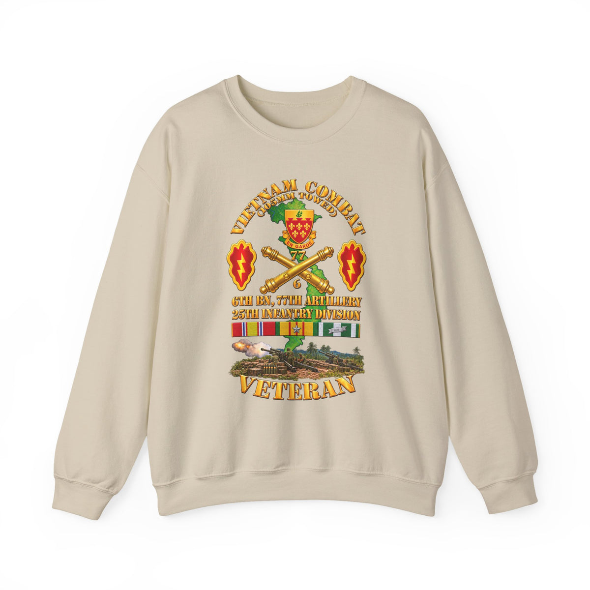 Crewneck Sweatshirt - Army - Vietnam Combat Veteran w 6th Bn 77th Artillery DUI -25th Infantry Div w Fire Mission Scene - 3D - Transparent