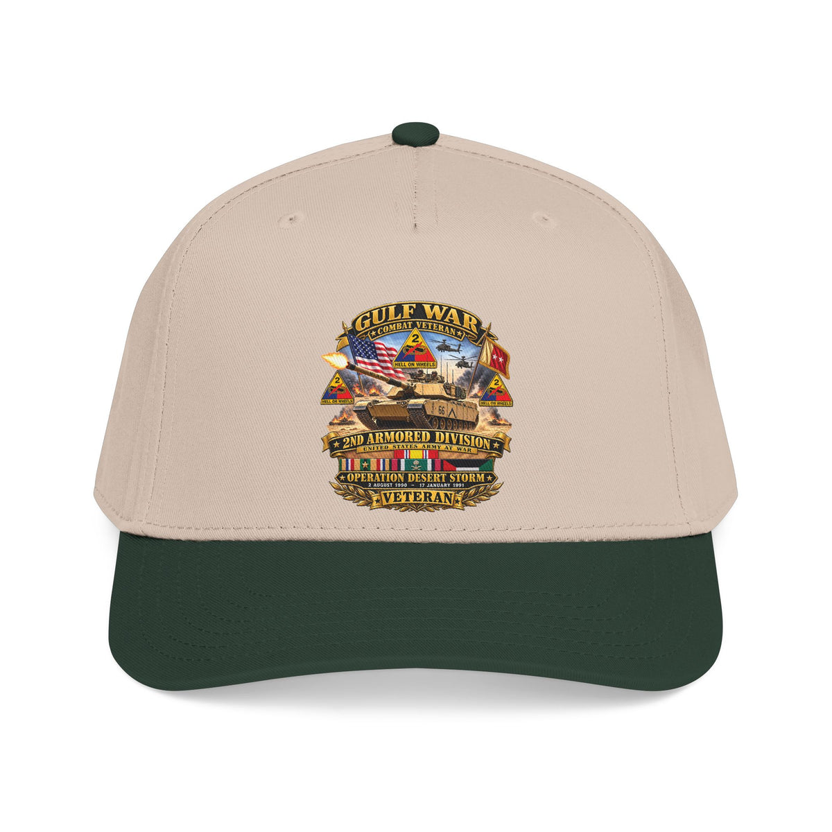 Mid Profile Baseball Cap - Army - Desert Storm - 2nd Armored Div - Combat Vereran Veteran w GULF SVC - 3D - Enhanced