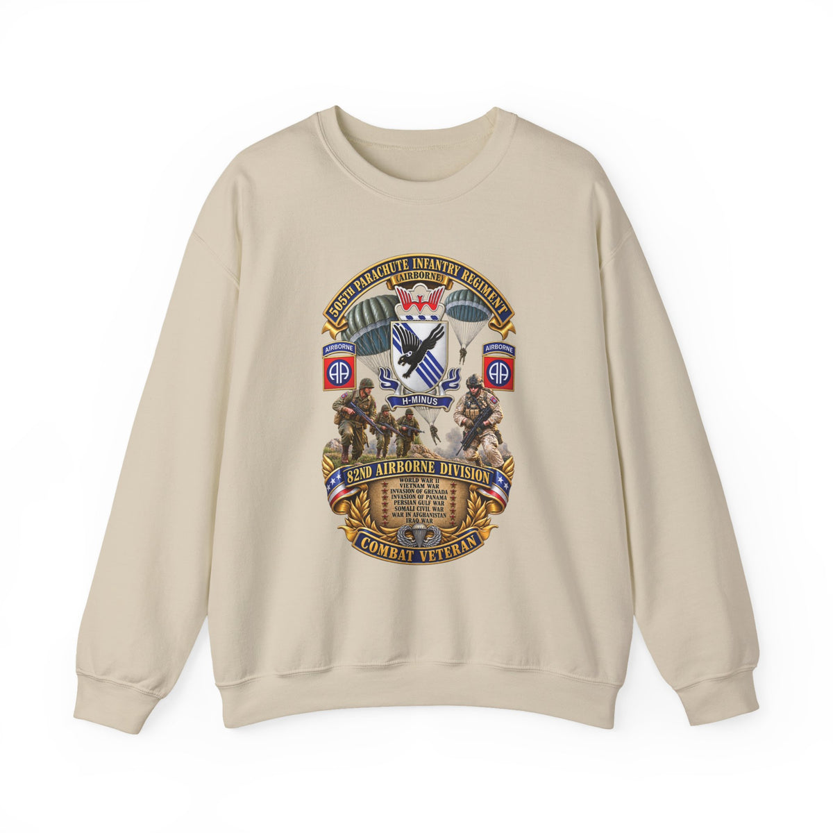 Crewneck Sweatshirt - Army - Combat Vet w 505th PIR - 82nd Airborne  w Campaigns - Soldiers - SSI - 3D - Enhanced