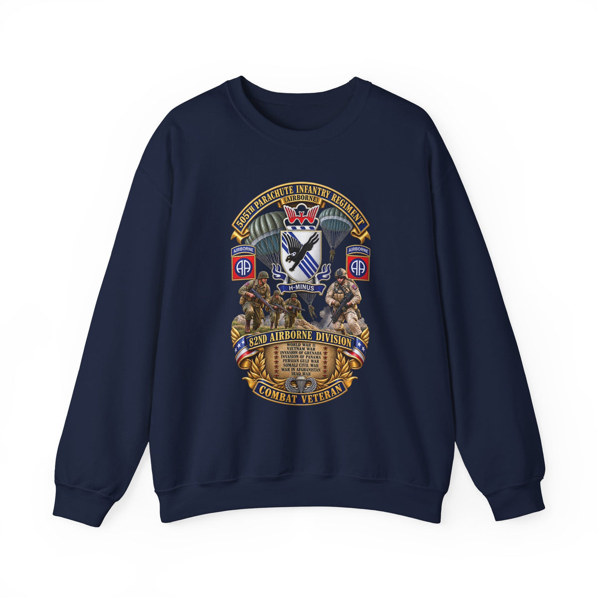 Crewneck Sweatshirt - Army - Combat Vet w 505th PIR - 82nd Airborne  w Campaigns - Soldiers - SSI - 3D - Enhanced