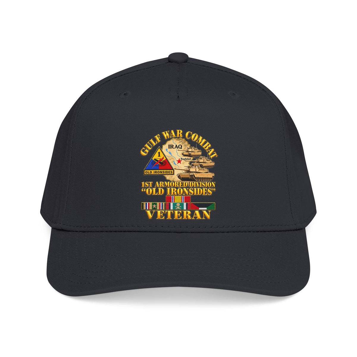 Mid Profile Baseball Cap - Army - Gulf War Combat - 1st Armored Divi - Old Ironsides - Veteran - Map w GULF SVC - 3D - Enhanced