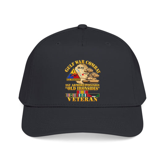 Mid Profile Baseball Cap - Army - Gulf War Combat - 1st Armored Divi - Old Ironsides - Veteran - Map w GULF SVC - 3D - Enhanced