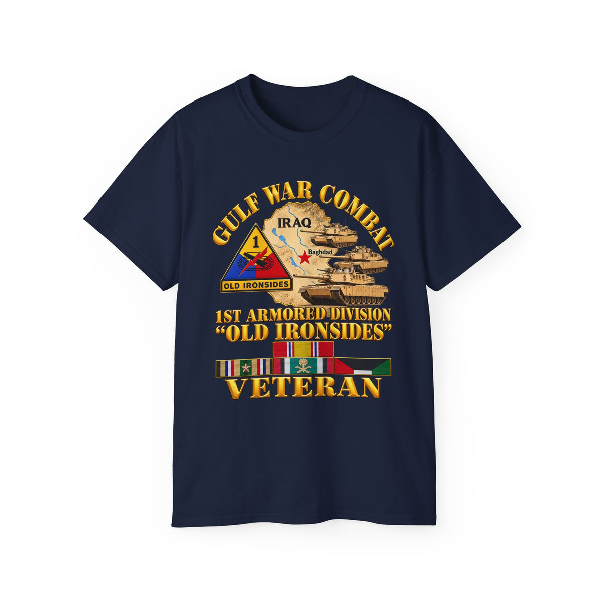 Unisex Ultra Cotton Tee - Army - Gulf War Combat - 1st Armored Divi - Old Ironsides - Veteran - Map w GULF SVC - 3D - Enhanced