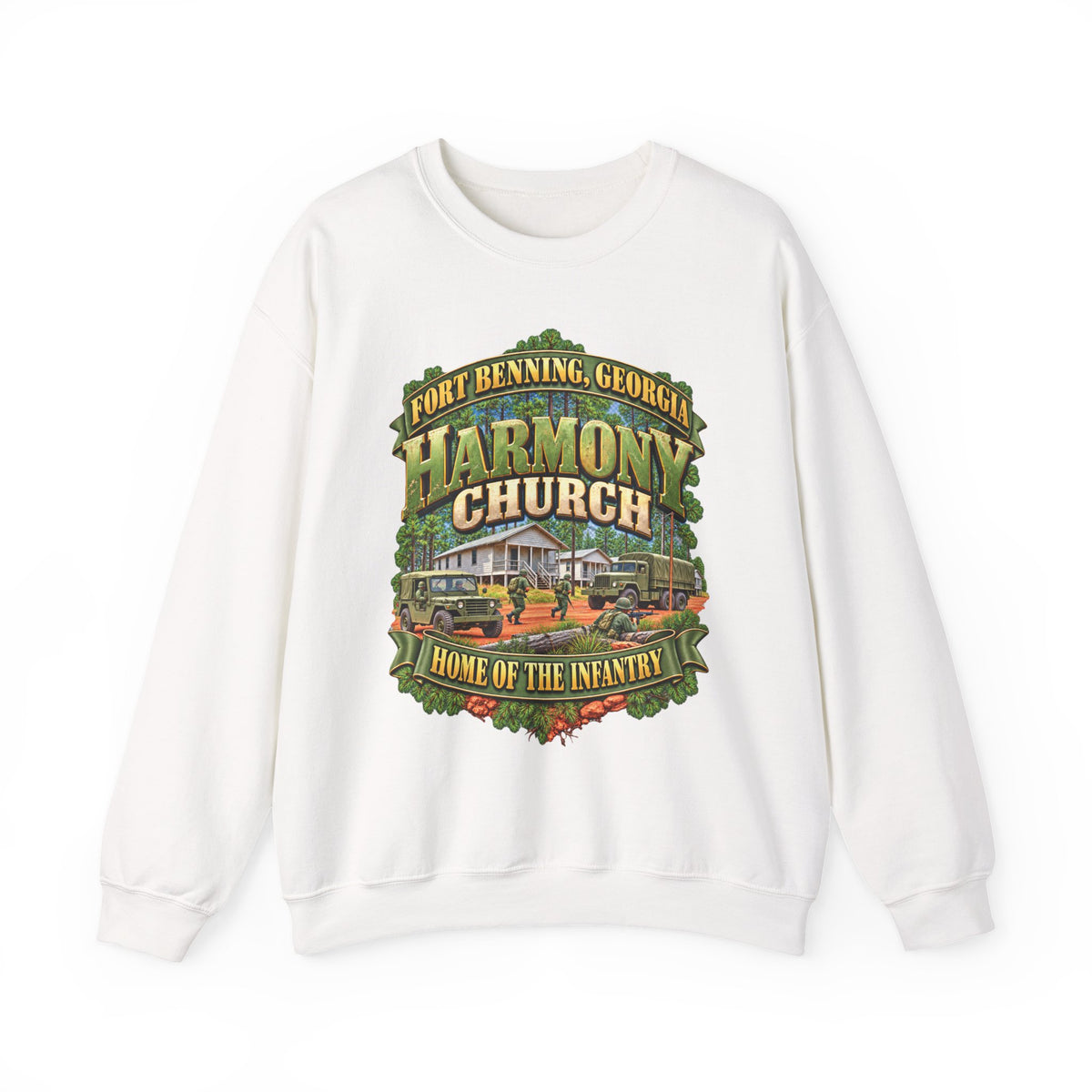 Crewneck Sweatshirt - Fort Benning, Georgia, Harmony Church - Home of the Infantry - 3D - Enhanced