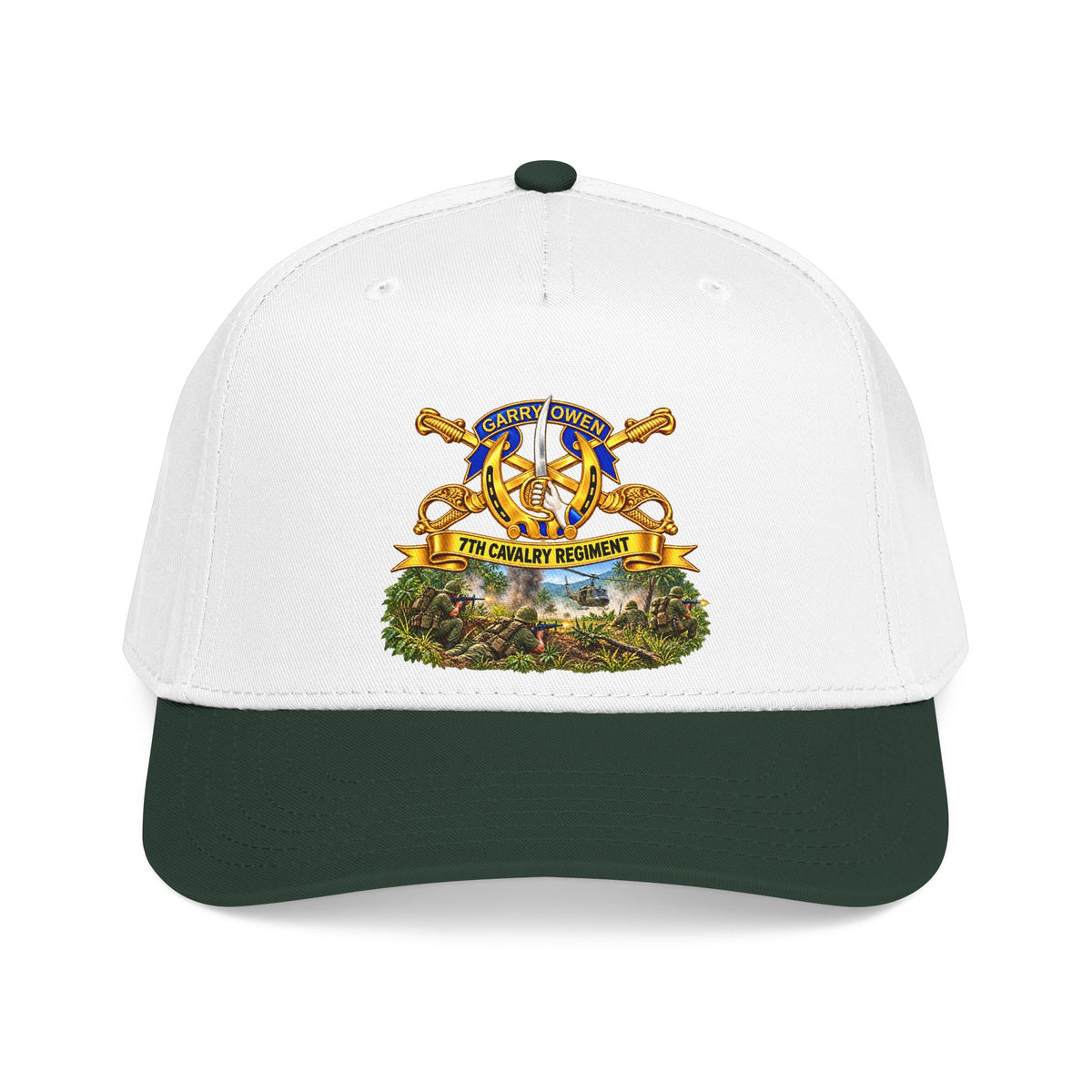 Mid Profile Baseball Cap — 7th Cavalry Regiment - DUI, Br, Ribbon w  Battle of Ia drang Valley Scene - Vietnam - 3D - Transparent