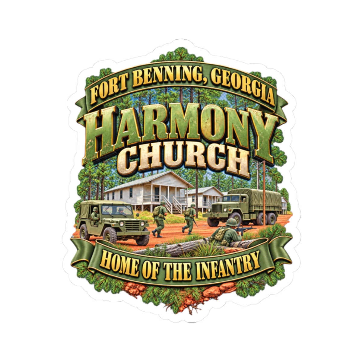 Kiss-Cut Stickers - Fort Benning, Georgia, Harmony Church - Home of the Infantry - 3D - Enhanced