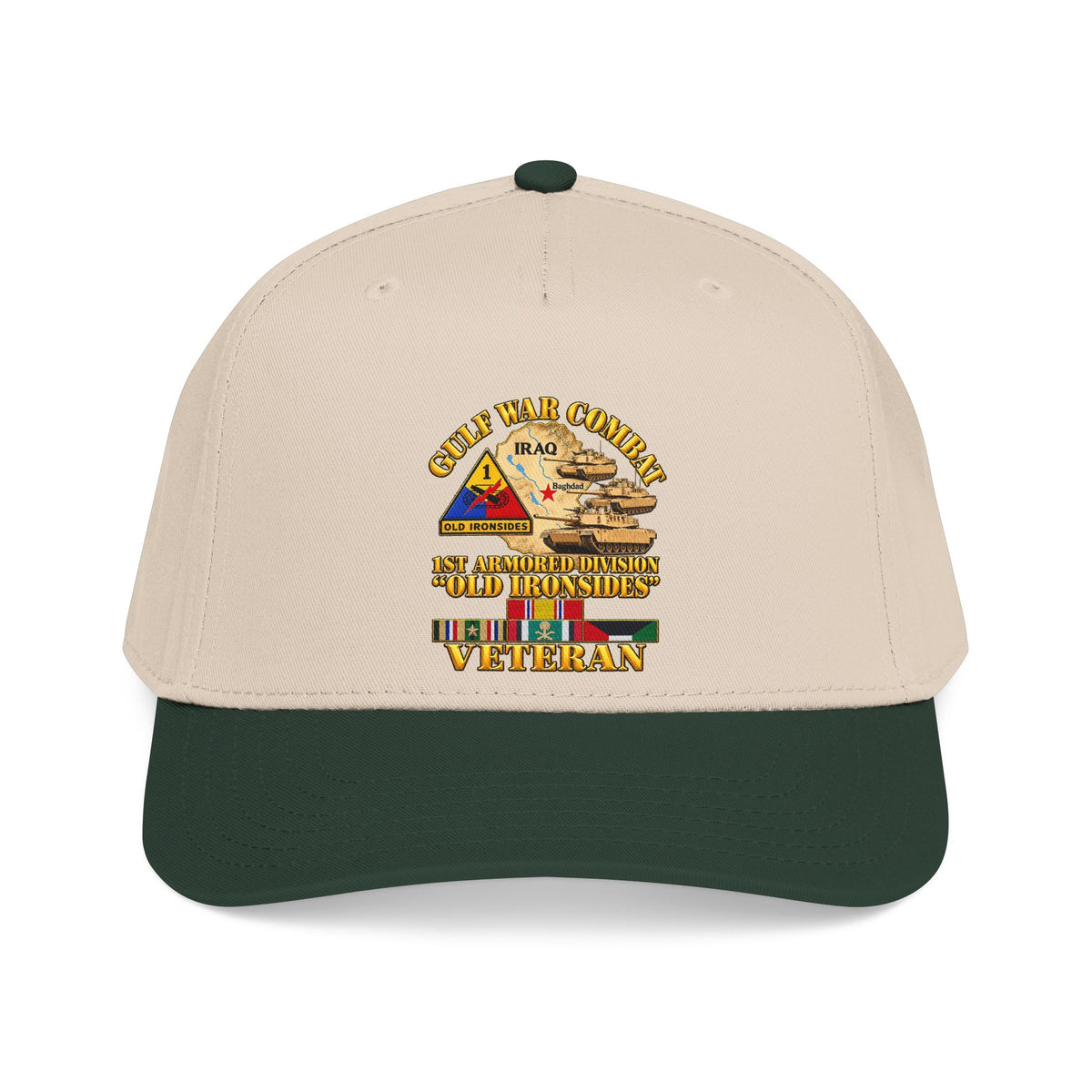 Mid Profile Baseball Cap - Army - Gulf War Combat - 1st Armored Divi - Old Ironsides - Veteran - Map w GULF SVC - 3D - Enhanced