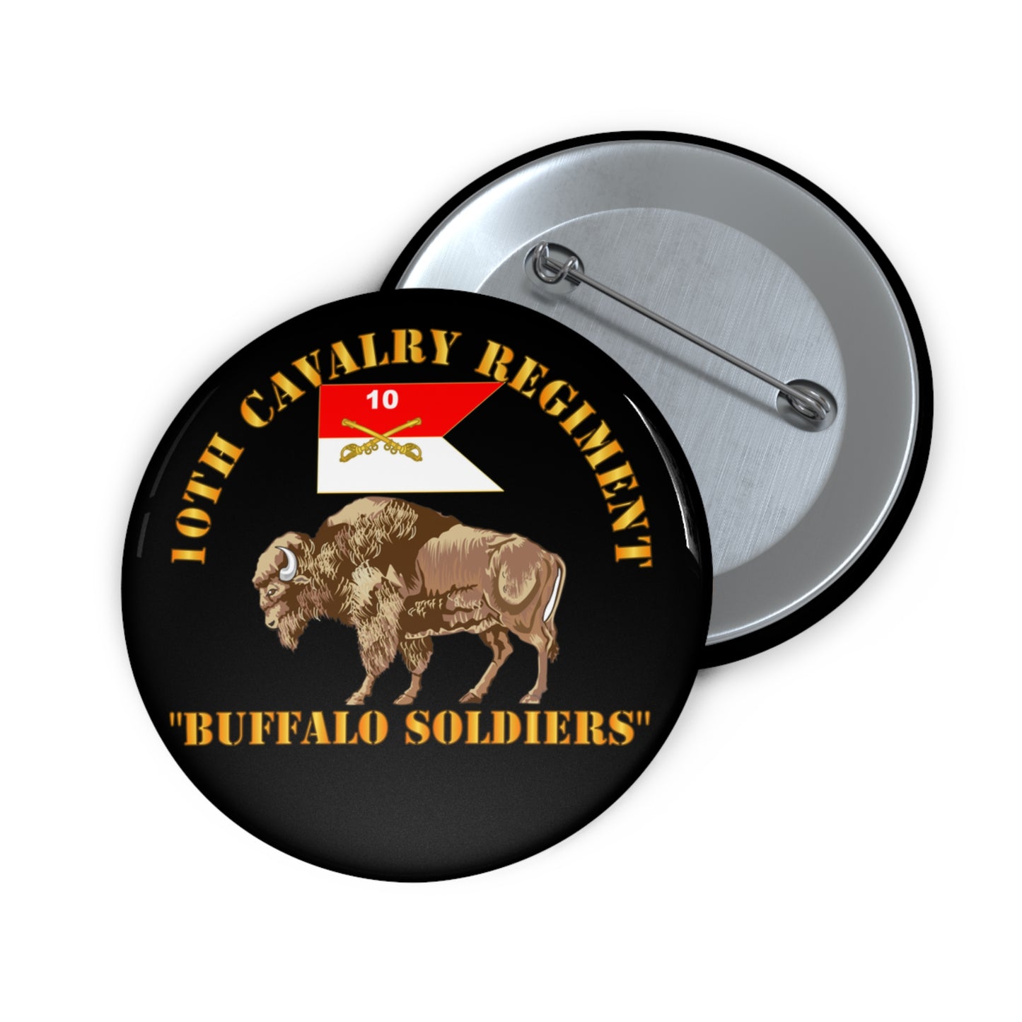 Custom Pin Button – Army - 10th Cavalry Regiment - Buffalo Soldiers w 10th Cav Guidon