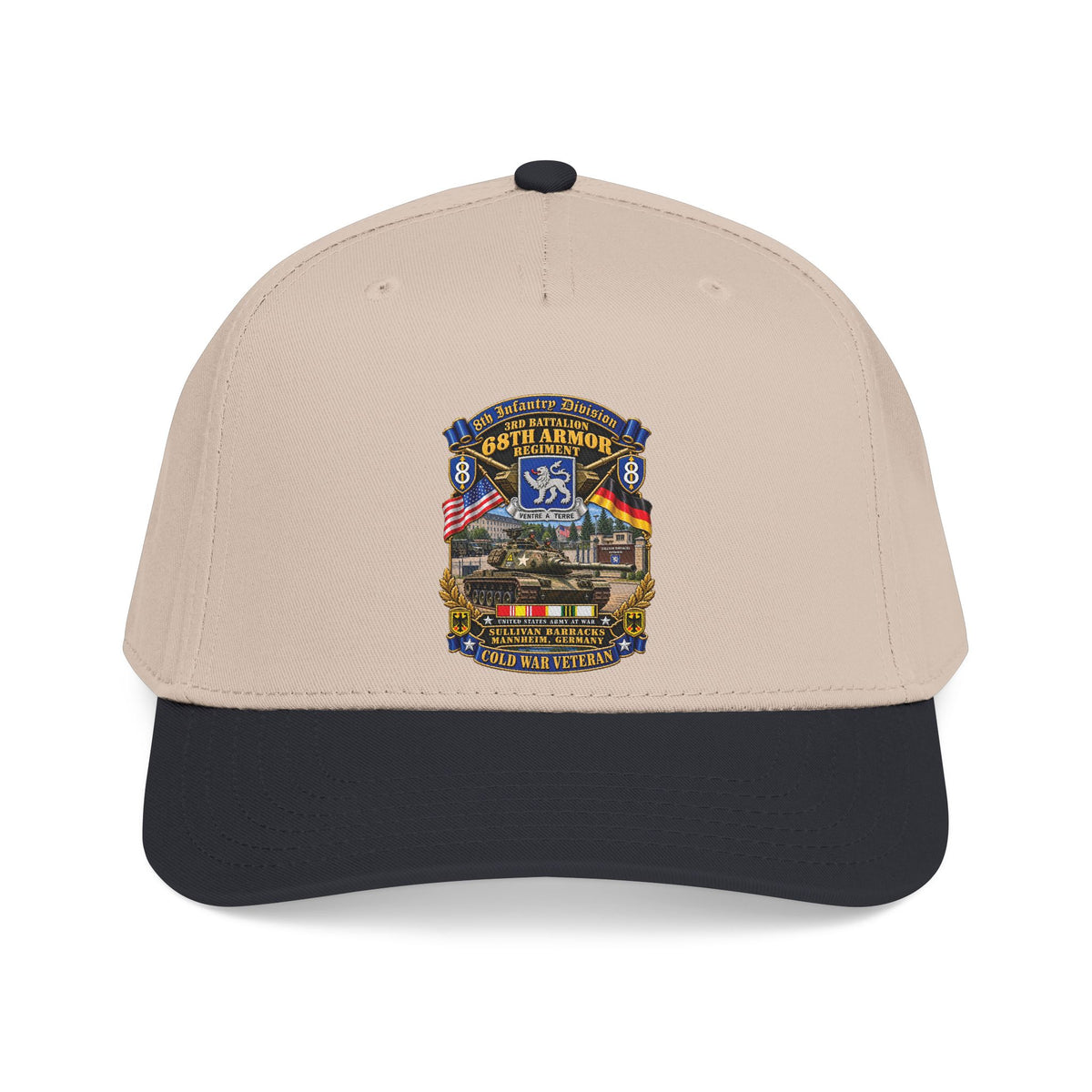 Mid Profile Baseball Cap - 8th Infantry Division Scroll - 3rd Bn 68th Armor Regiment - Sullivan Barracks, Mannheim, Germany - Cold War Vet w COLD SVC - 3D - Enhanced