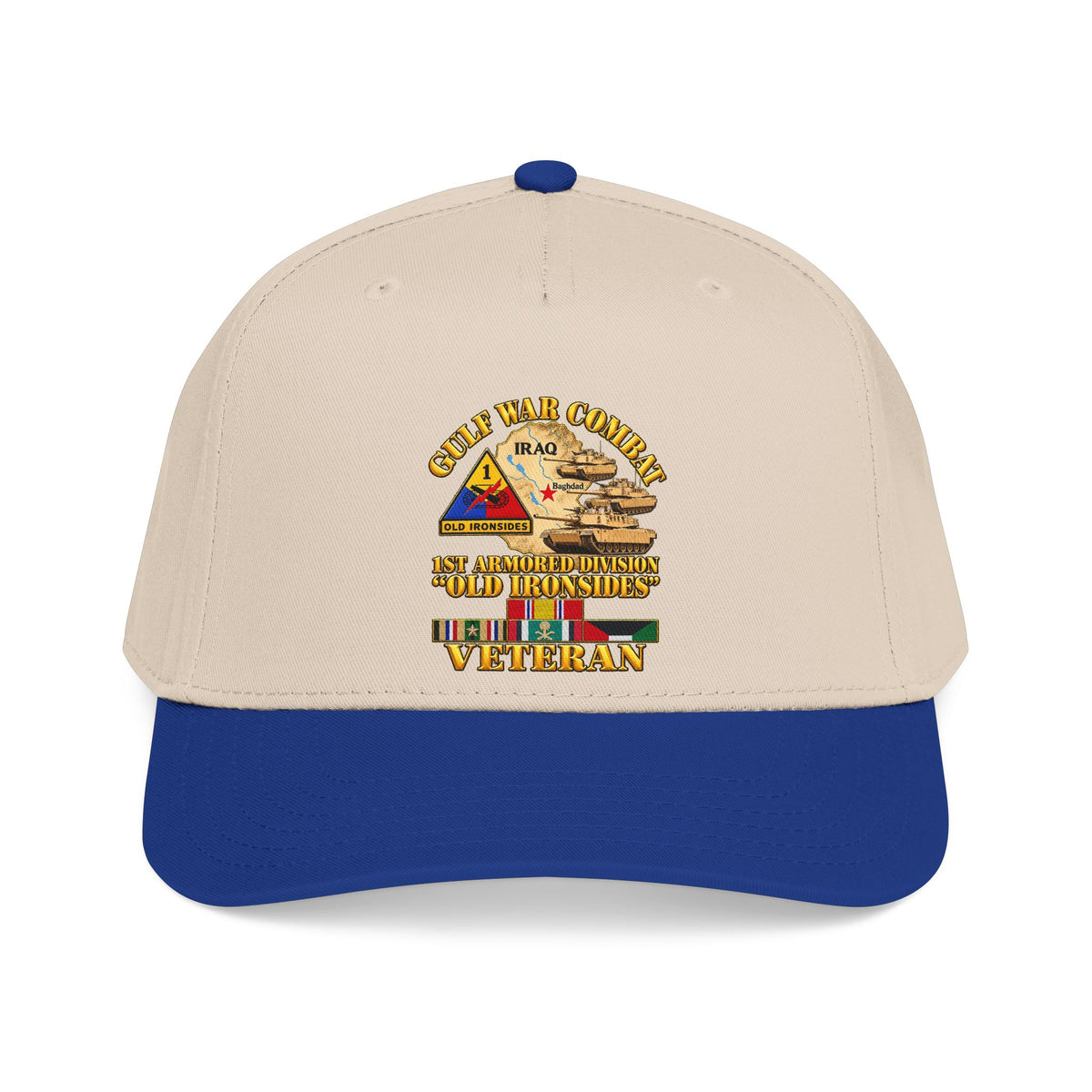 Mid Profile Baseball Cap - Army - Gulf War Combat - 1st Armored Divi - Old Ironsides - Veteran - Map w GULF SVC - 3D - Enhanced