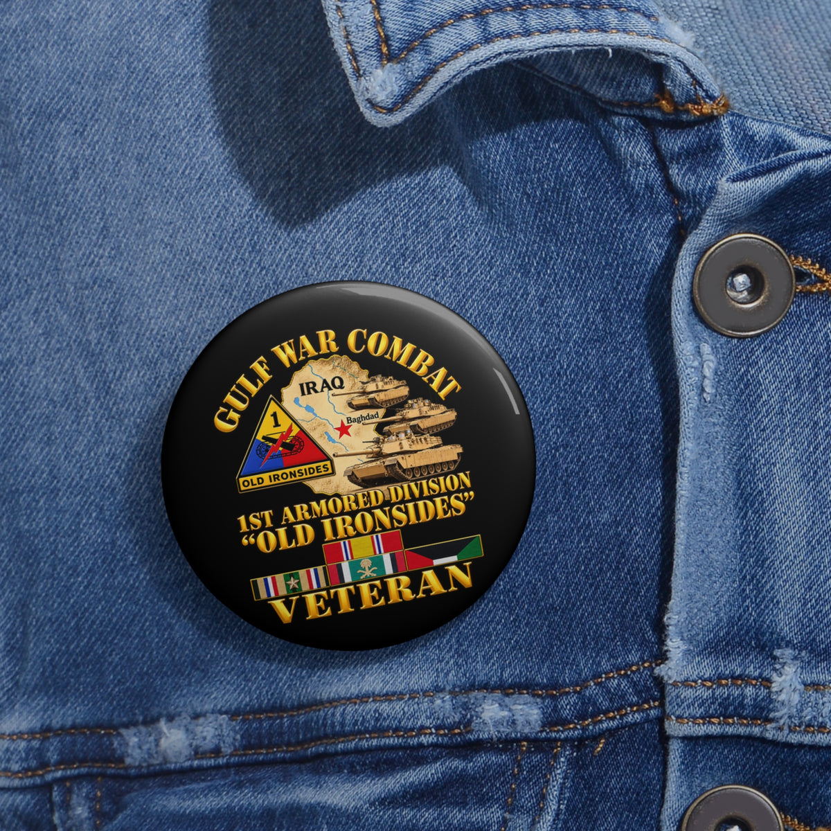 Custom Pin Buttons - Army - Gulf War Combat - 1st Armored Divi - Old Ironsides - Veteran - Map w GULF SVC - 3D - Enhanced