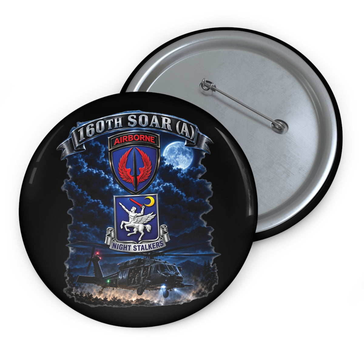 Custom Pin Buttons - USASOAC - SSI, 160th Special Operations Regiment Airborne  DUI with Scene Blackhawk - 3D - Enhanced
