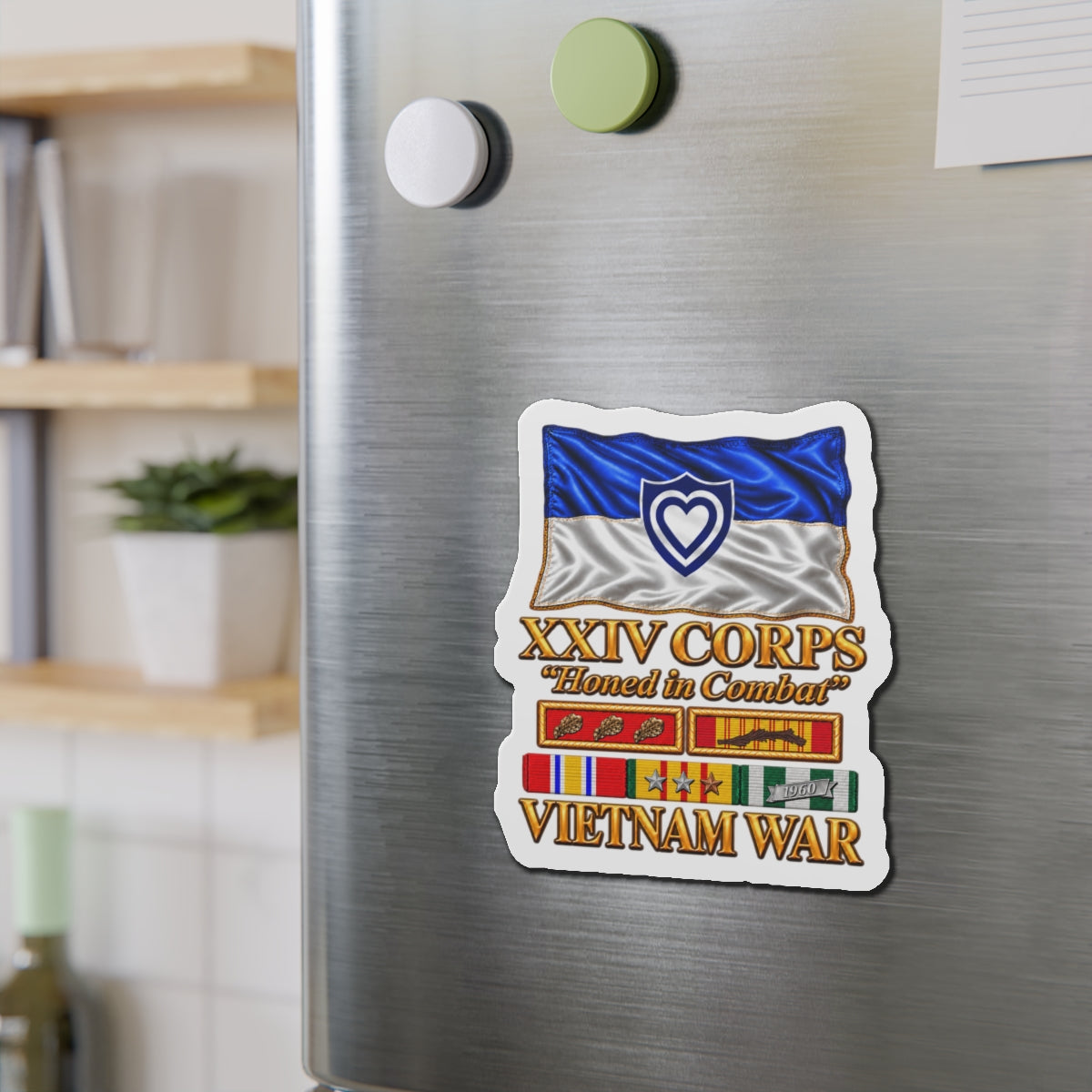 Die-Cut Magnets — Army - XXIV Corps Flag - Waving - Ribbons - Meritorious Awards - Vietnam War - 3D - Transparent