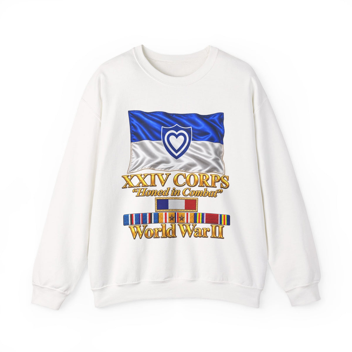 Crewneck Sweatshirt - Army - XXIV Corps Flag - Waving - Ribbons - World War II - 3D - Transparent
