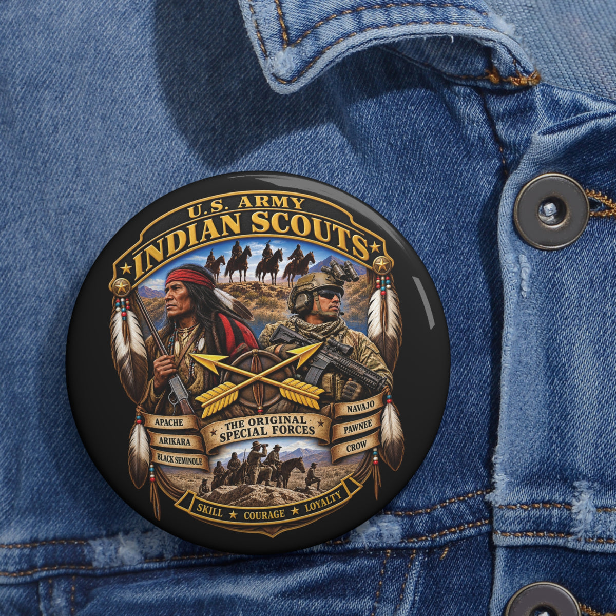 Custom Pin Buttons - United States Indian Scouts (USS) - Original Special Forces - 3D - Enhanced