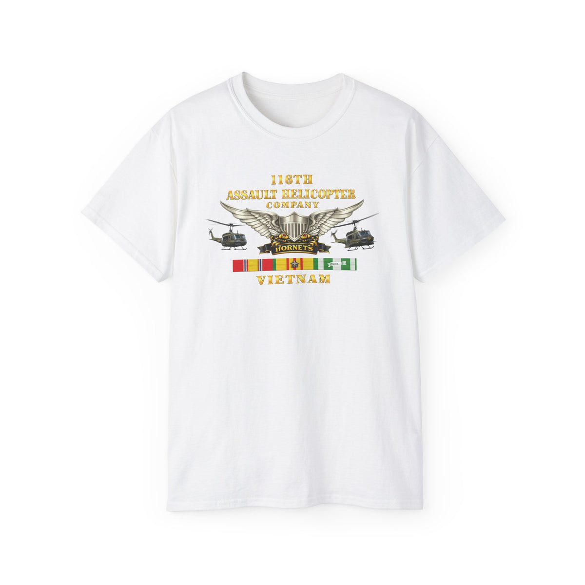 Unisex Ultra Cotton Tee - Army - 116th Assault Helicopter Co w  Aviator Badge w VN SVC - HORNETS - Side X Side - 3D - Enhanced