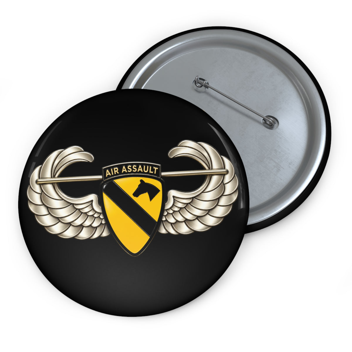 Custom Pin Buttons - 1st Cavalry Division w Air Assault Tab on Airborne Badge wo Txt - 3D - Transparent