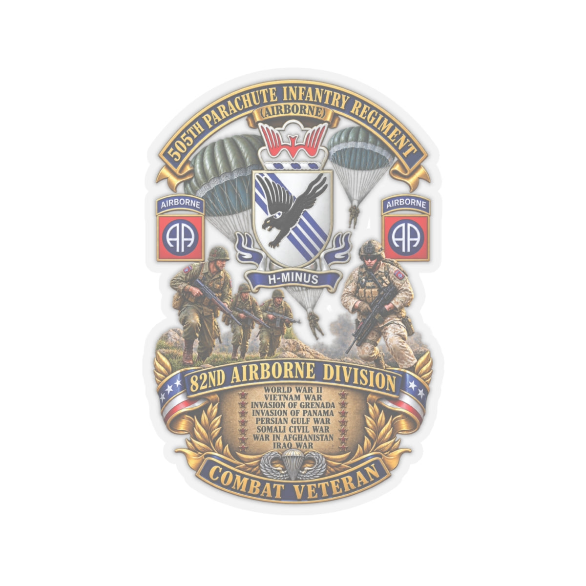 Kiss-Cut Stickers - Army - Combat Vet w 505th PIR - 82nd Airborne  w Campaigns - Soldiers - SSI - 3D - Enhanced