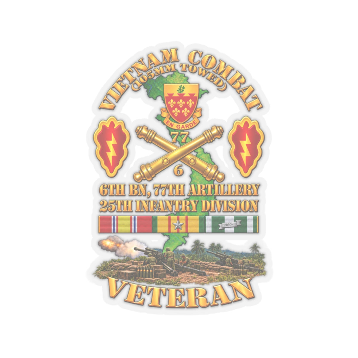 Kiss-Cut Stickers - Army - Vietnam Combat Veteran w 6th Bn 77th Artillery DUI -25th Infantry Div w Fire Mission Scene - 3D - Transparent