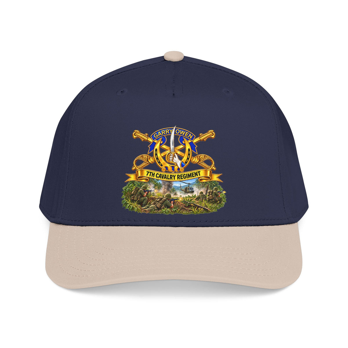 Mid Profile Baseball Cap — 7th Cavalry Regiment - DUI, Br, Ribbon w  Battle of Ia drang Valley Scene - Vietnam - 3D - Transparent