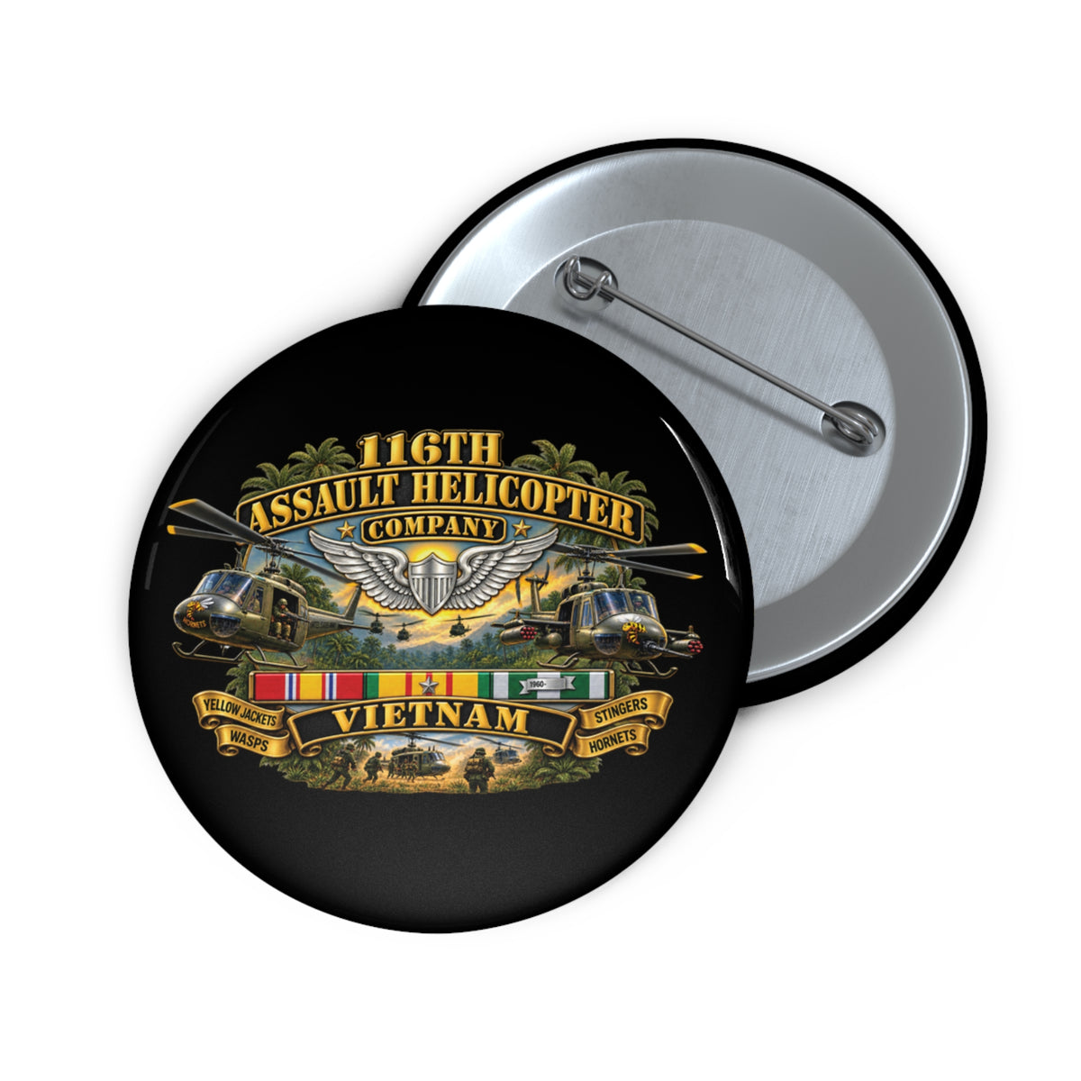 Custom Pin Buttons - Army - 116th Assault Helicopter Co w  Aviator Badge w VN SVC - HORNETS - 3D - Enhanced