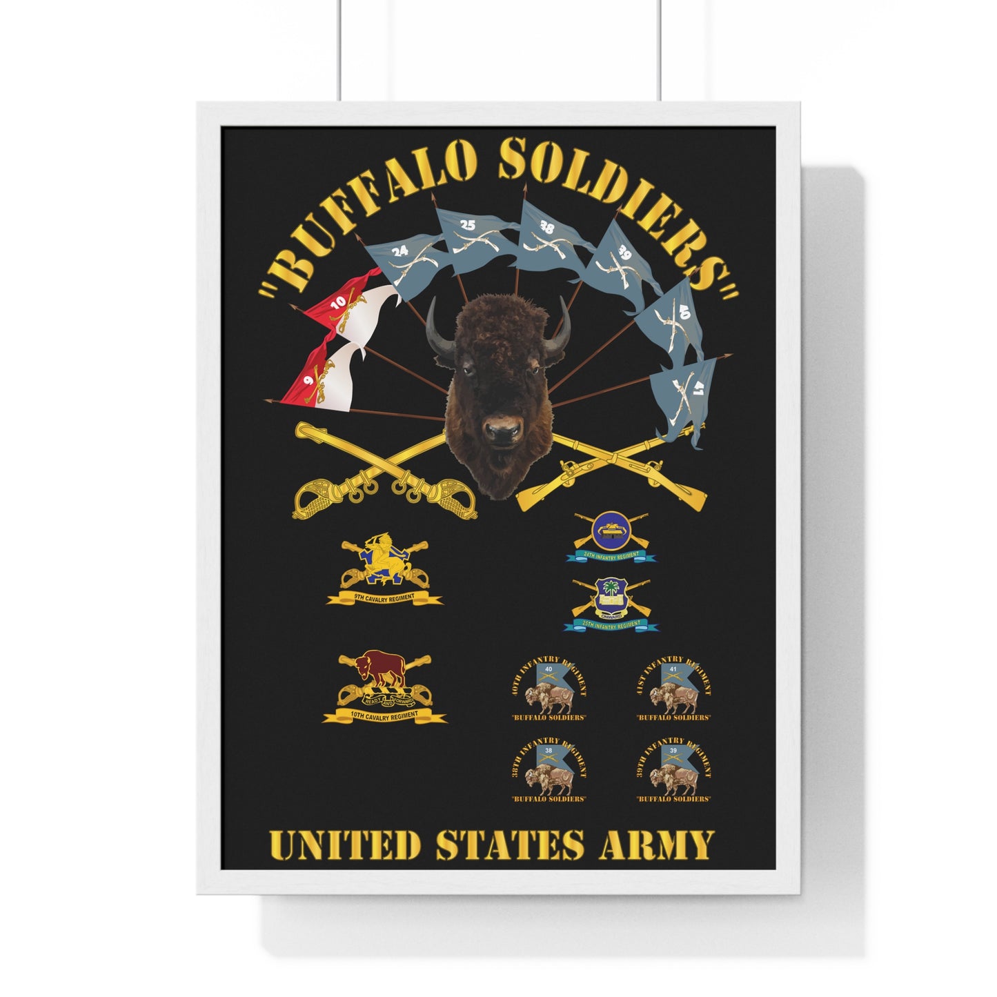 Vertical Framed Poster - Buffalo Soldiers Infantry Cavalry Guidons with Buffalo Head and Unit Crests US Army