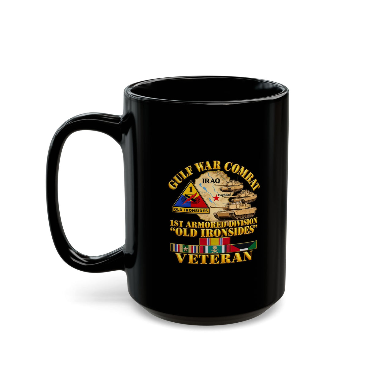 Black Mug  (15oz) - Army - Gulf War Combat - 1st Armored Divi - Old Ironsides - Veteran - Map w GULF SVC - 3D - Enhanced
