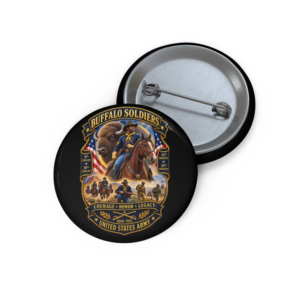 Custom Pin Buttons - Overall Buffalo Soldiers Tribute - 3D - Enhanced