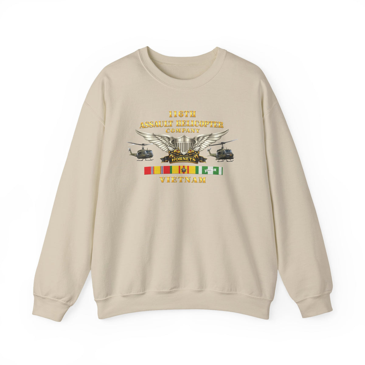 Crewneck Sweatshirt - Army - 116th Assault Helicopter Co w  Aviator Badge w VN SVC - HORNETS - Side X Side - 3D - Enhanced