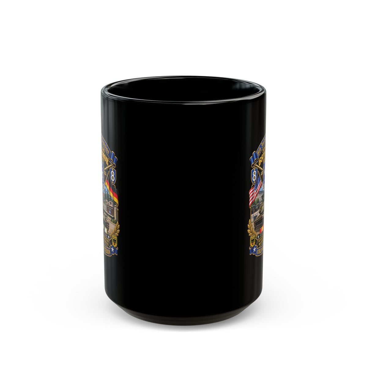 Black Mug  (15oz) - 8th Infantry Division Scroll - 3rd Bn 68th Armor Regiment - Sullivan Barracks, Mannheim, Germany - Cold War Vet w COLD SVC - 3D - Enhanced
