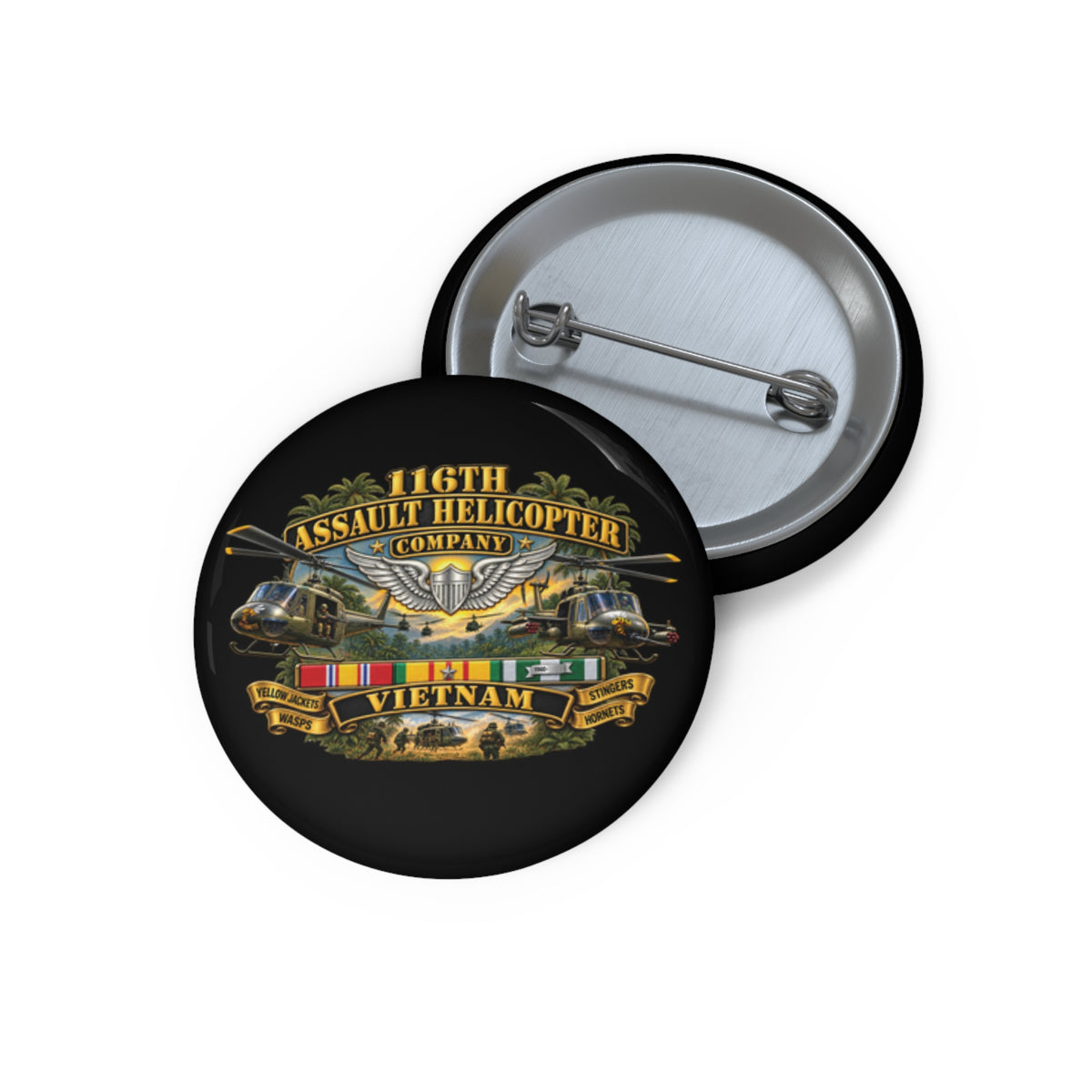 Custom Pin Buttons - Army - 116th Assault Helicopter Co w  Aviator Badge w VN SVC - HORNETS - 3D - Enhanced