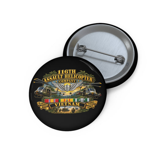 Custom Pin Buttons - Army - 116th Assault Helicopter Co w  Aviator Badge w VN SVC - HORNETS - 3D - Enhanced