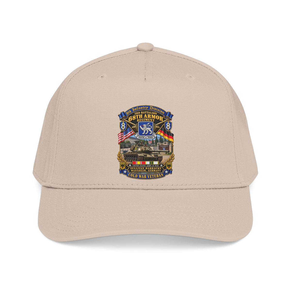 Mid Profile Baseball Cap - 8th Infantry Division Scroll - 3rd Bn 68th Armor Regiment - Sullivan Barracks, Mannheim, Germany - Cold War Vet w COLD SVC - 3D - Enhanced