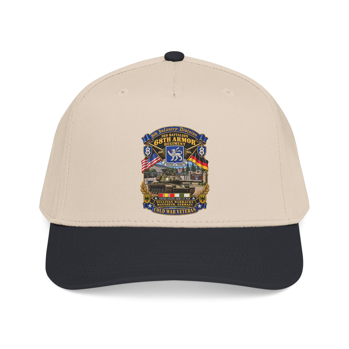 Mid Profile Baseball Cap - 8th Infantry Division Scroll - 3rd Bn 68th Armor Regiment - Sullivan Barracks, Mannheim, Germany - Cold War Vet w COLD SVC - 3D - Enhanced