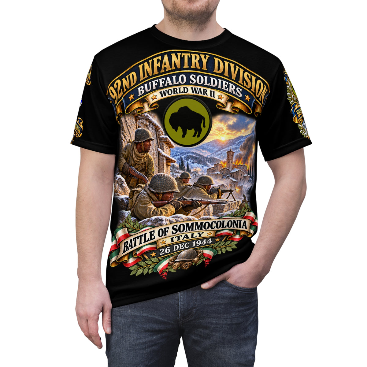 92nd Infantry Division (Buffalo Soldiers) - Battle for Sommocolonia, Italy, on December 26, 1944 - Tribute Tee - “Defending Allied forces in the Serchio Valley, Italy”