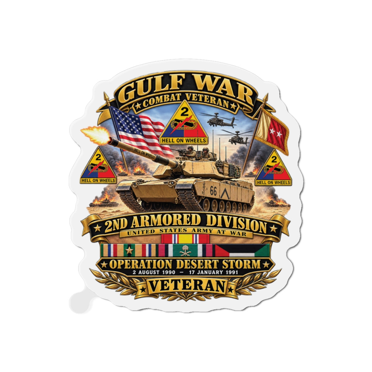 Die-Cut Magnets — Army - Desert Storm - 2nd Armored Div - Combat Vereran Veteran w GULF SVC - 3D - Enhanced