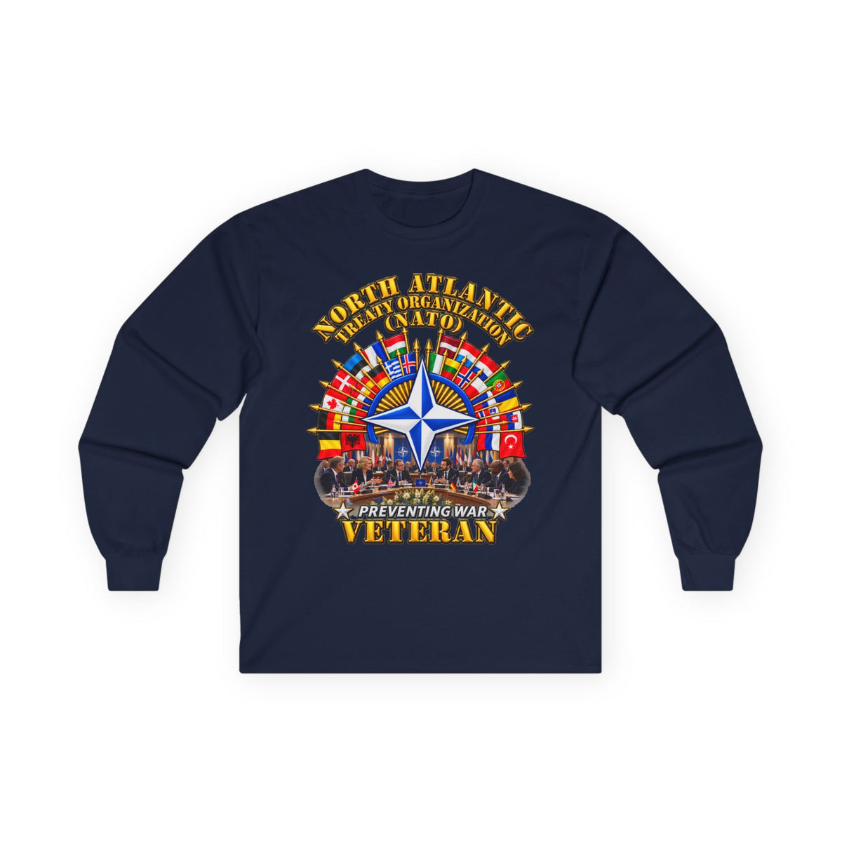 Unisex Ultra Cotton Long Sleeve Tee - NATO - Polished NATO Veteran - with flags - Meeting Scene - 3D - Transparent