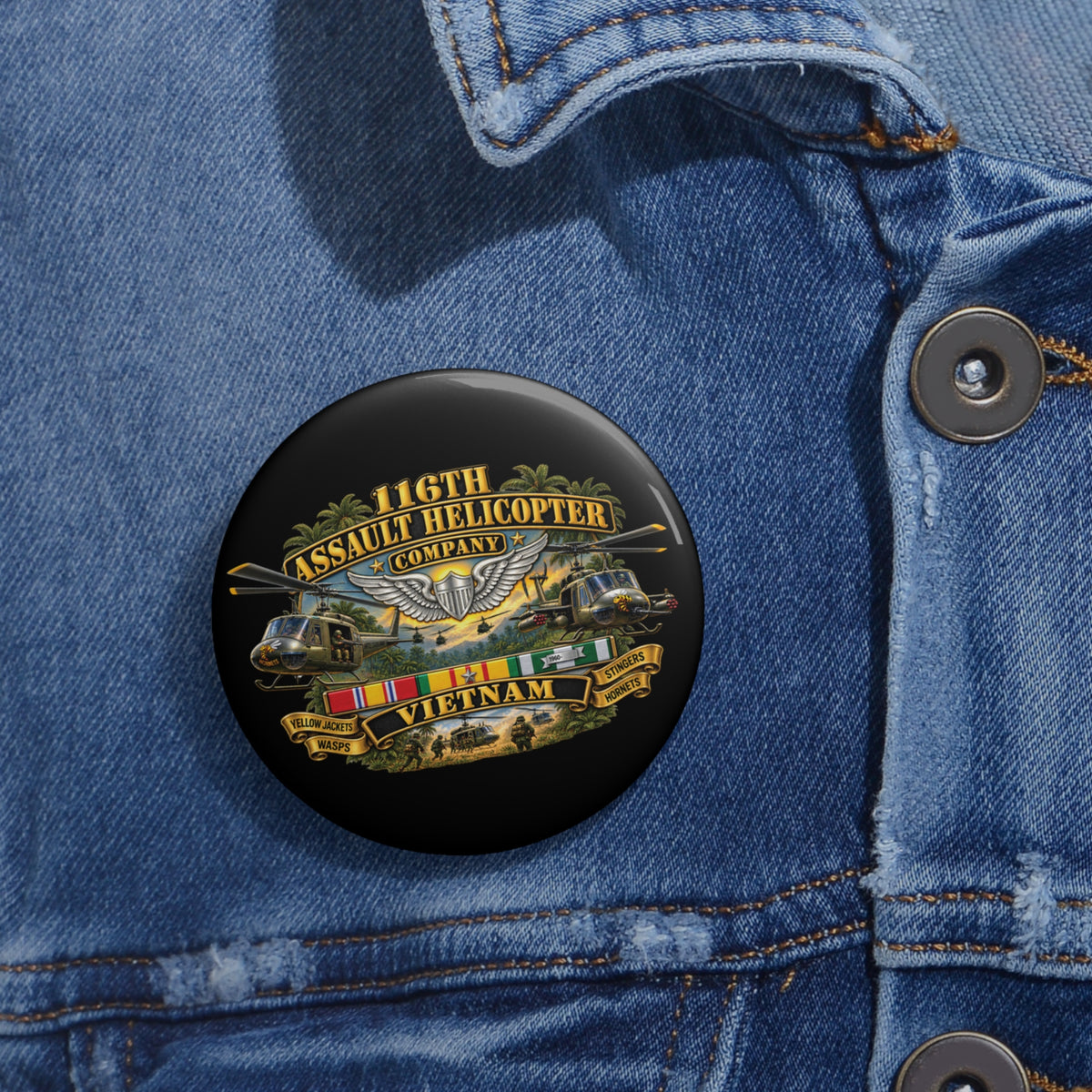 Custom Pin Buttons - Army - 116th Assault Helicopter Co w  Aviator Badge w VN SVC - HORNETS - 3D - Enhanced
