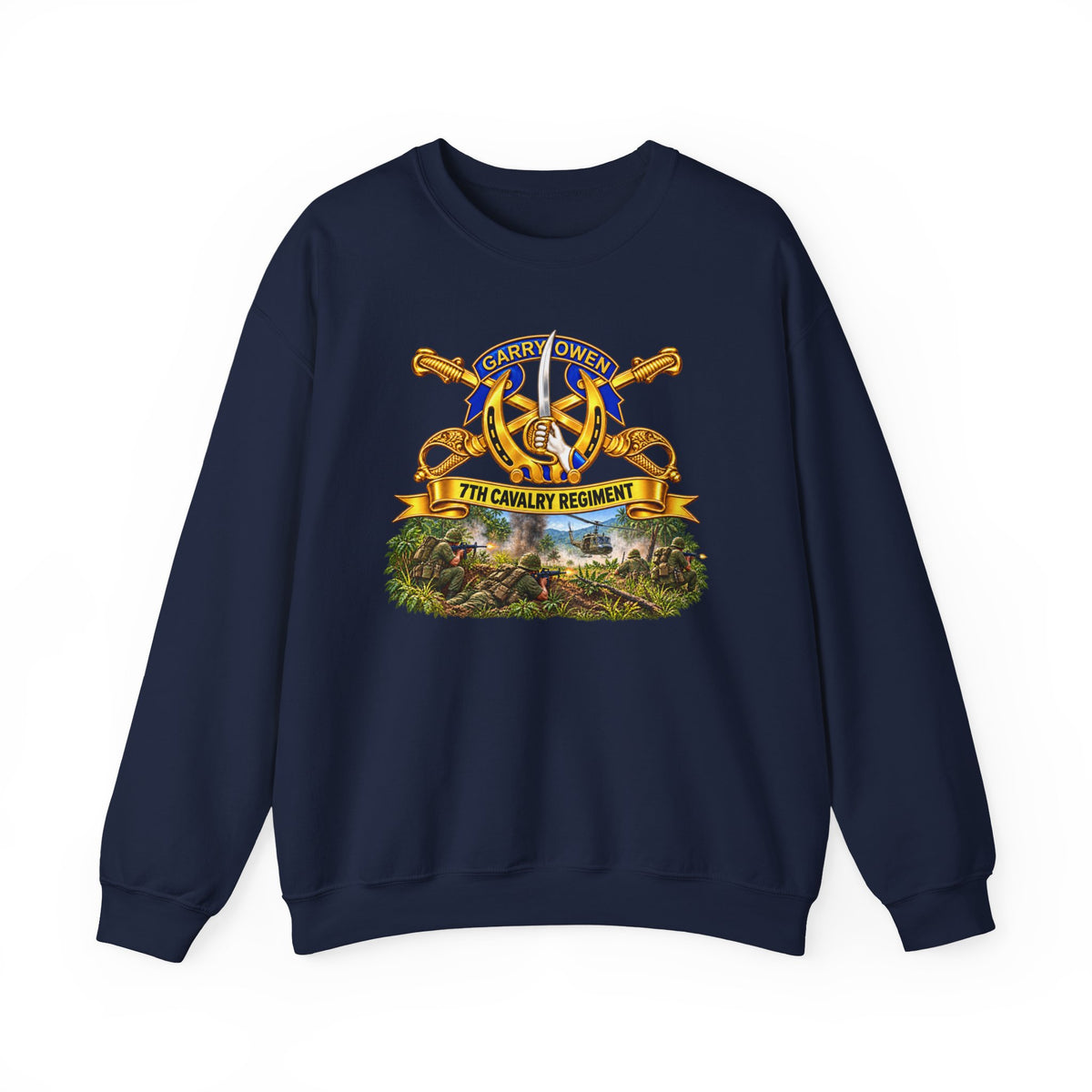 Crewneck Sweatshirt - 7th Cavalry Regiment - DUI, Br, Ribbon w  Battle of Ia drang Valley Scene - Vietnam - 3D - Transparent