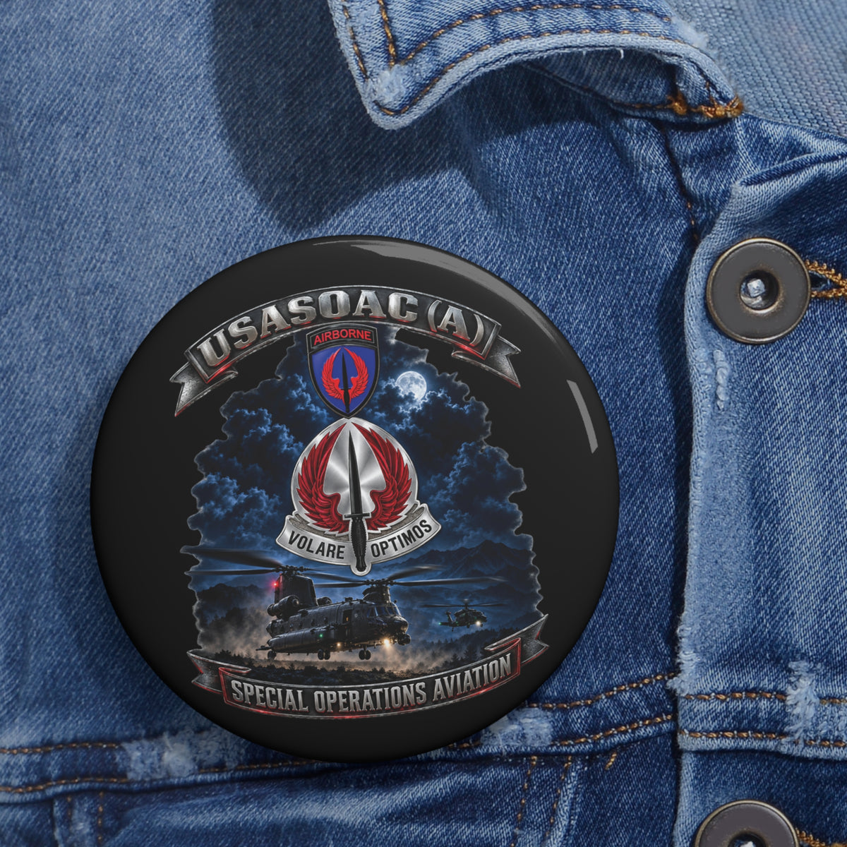 Custom Pin Buttons - USA Special Operations Aviation Command (Airborne) - SSI, DUI with Scene - 3D - Enhanced