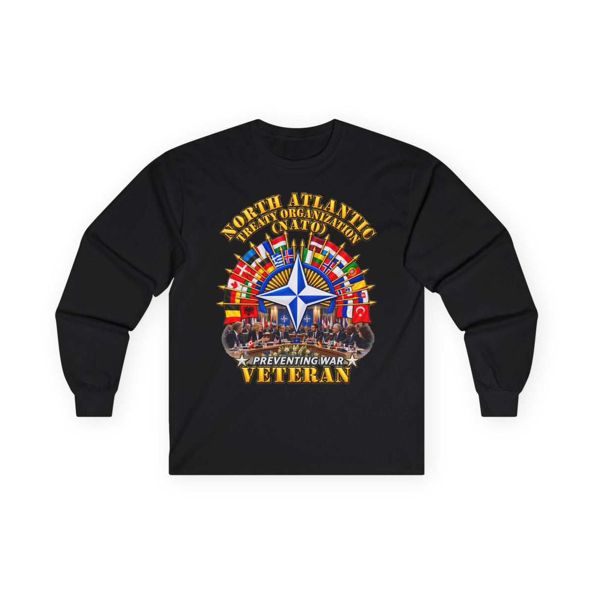 Unisex Ultra Cotton Long Sleeve Tee - NATO - Polished NATO Veteran - with flags - Meeting Scene - 3D - Transparent