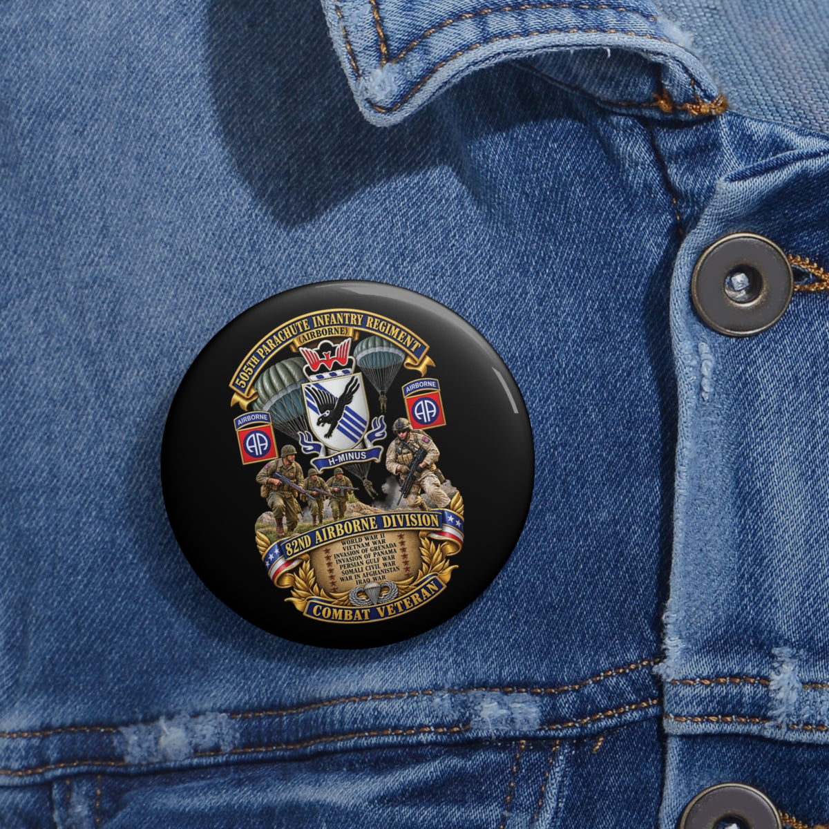 Custom Pin Buttons - Army - Combat Vet w 505th PIR - 82nd Airborne  w Campaigns - Soldiers - SSI - 3D - Enhanced